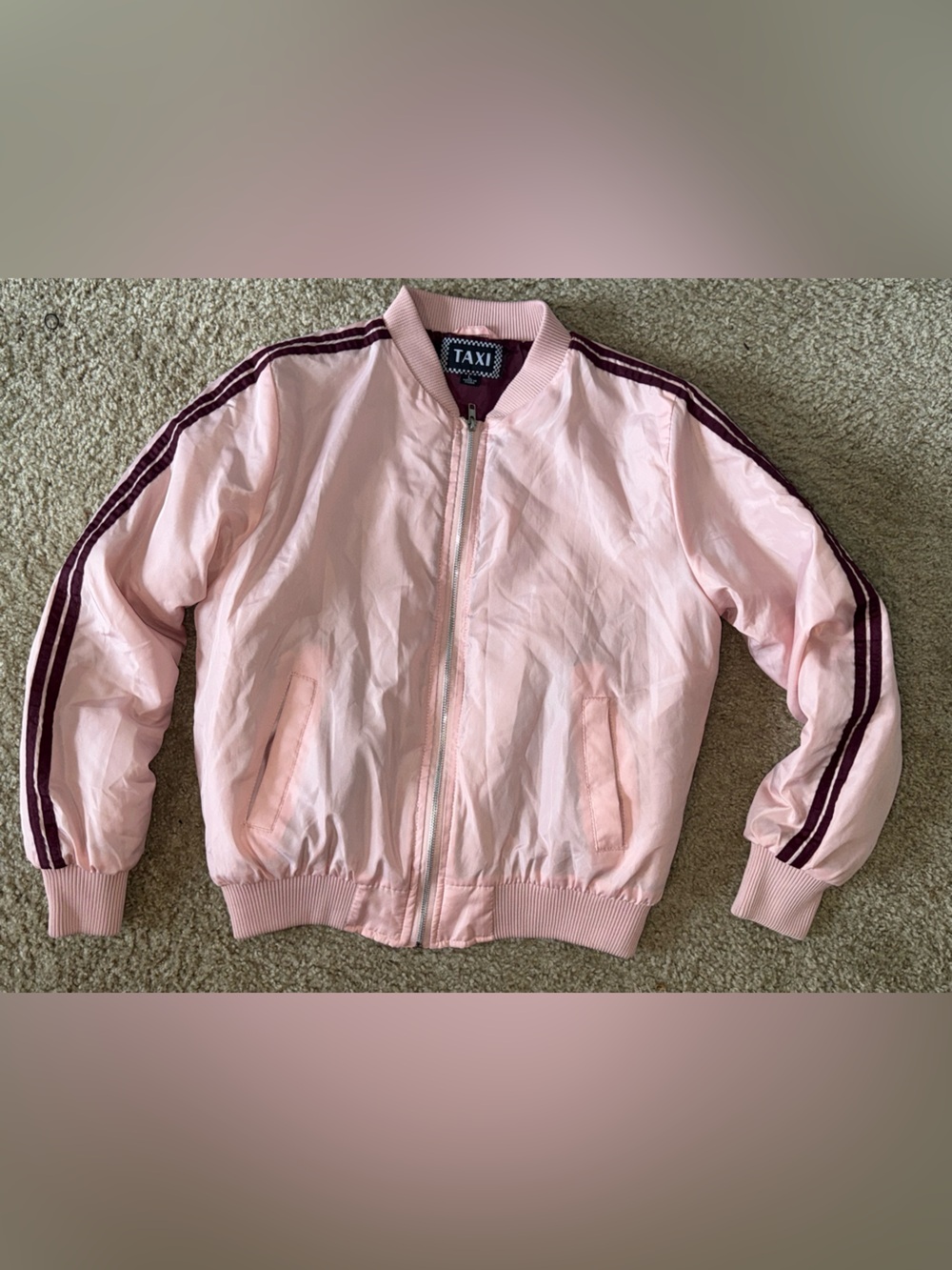 TAXI Pink Bomber Jacket‎ Burgundy Stripe Zip Front Lightweight Size Large - Picture 5 of 9